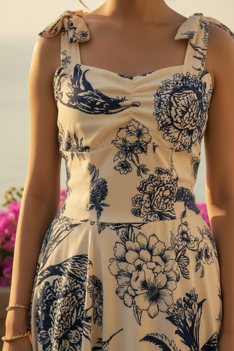 Beige dress with black floral and bird patterns worn by a person.