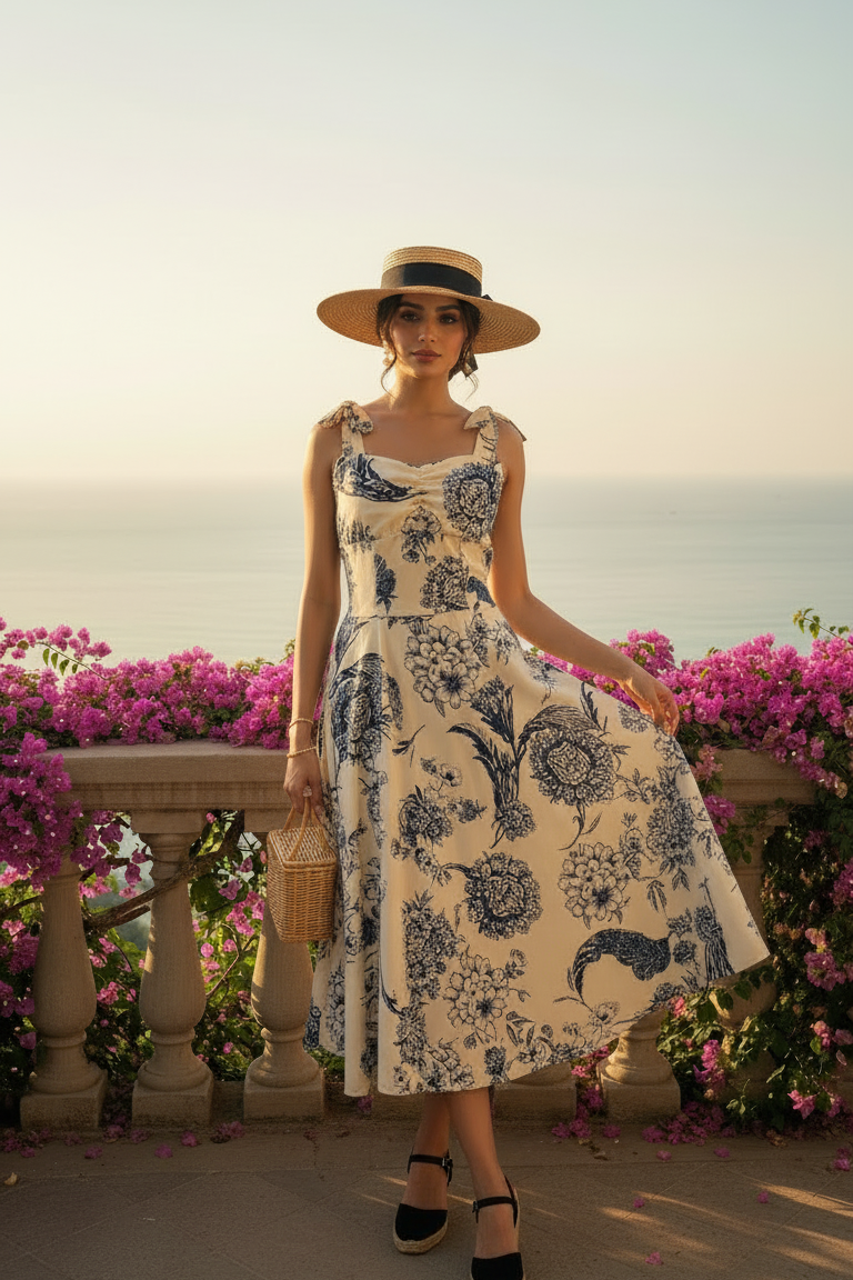 Woman in a floral dress standing on a balcony with pink flowers and ocean view.