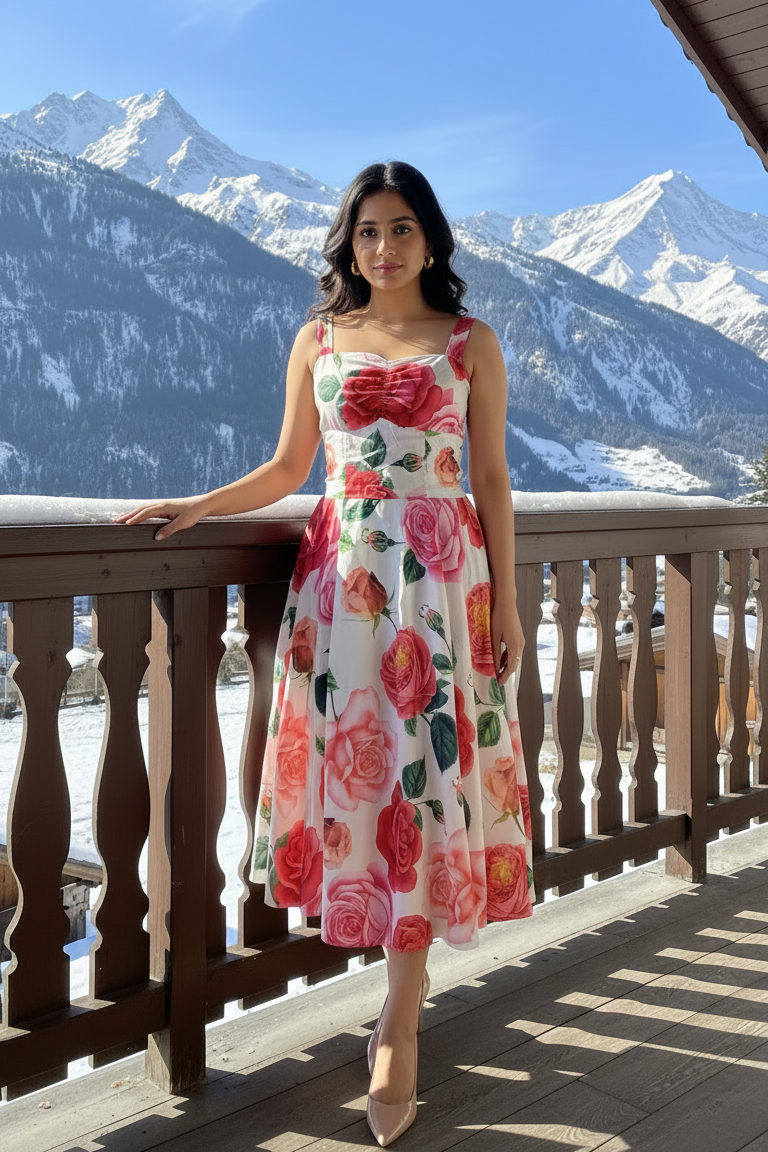 Woman in a floral dress standing on a balcony with snowy mountains in the background