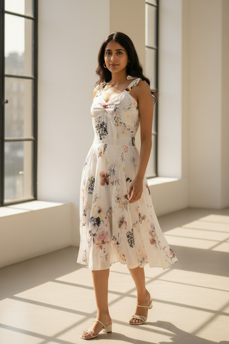 Woman in a floral dress standing in a bright room with large windows.