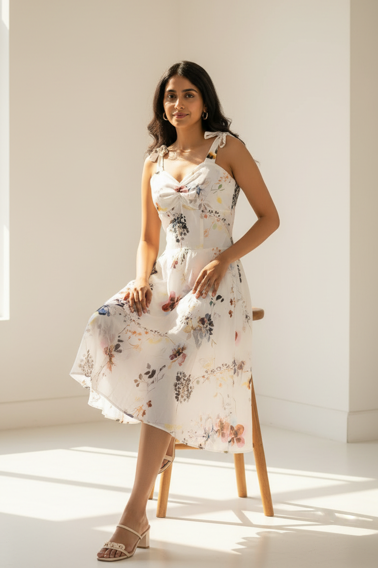 Woman in a floral dress standing in a bright room with sunlight streaming in.