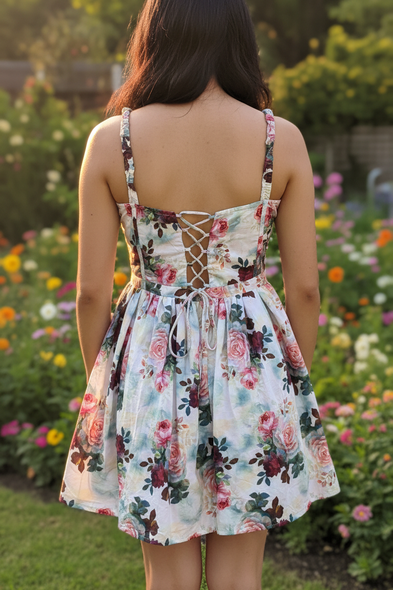 Woman wearing a floral dress standing in a garden with flowers and greenery.