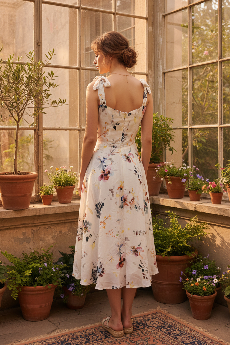 Woman in a floral dress standing in a sunlit room with large windows and potted plants.