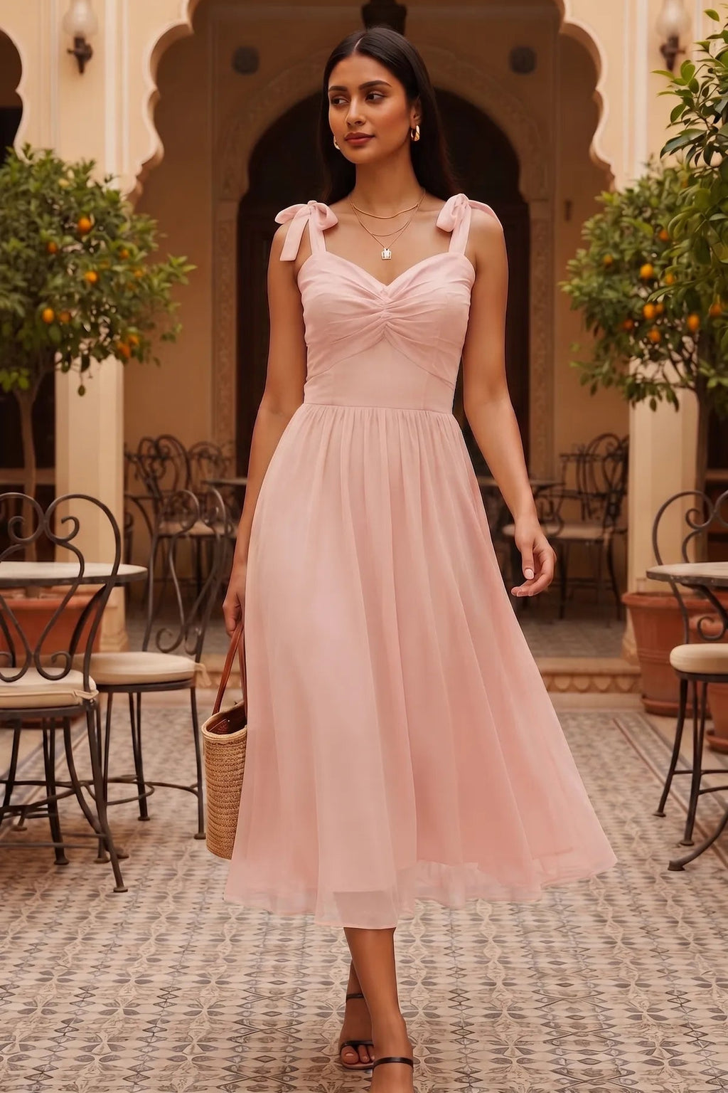 Blush Pink Tie shoulder midi dress