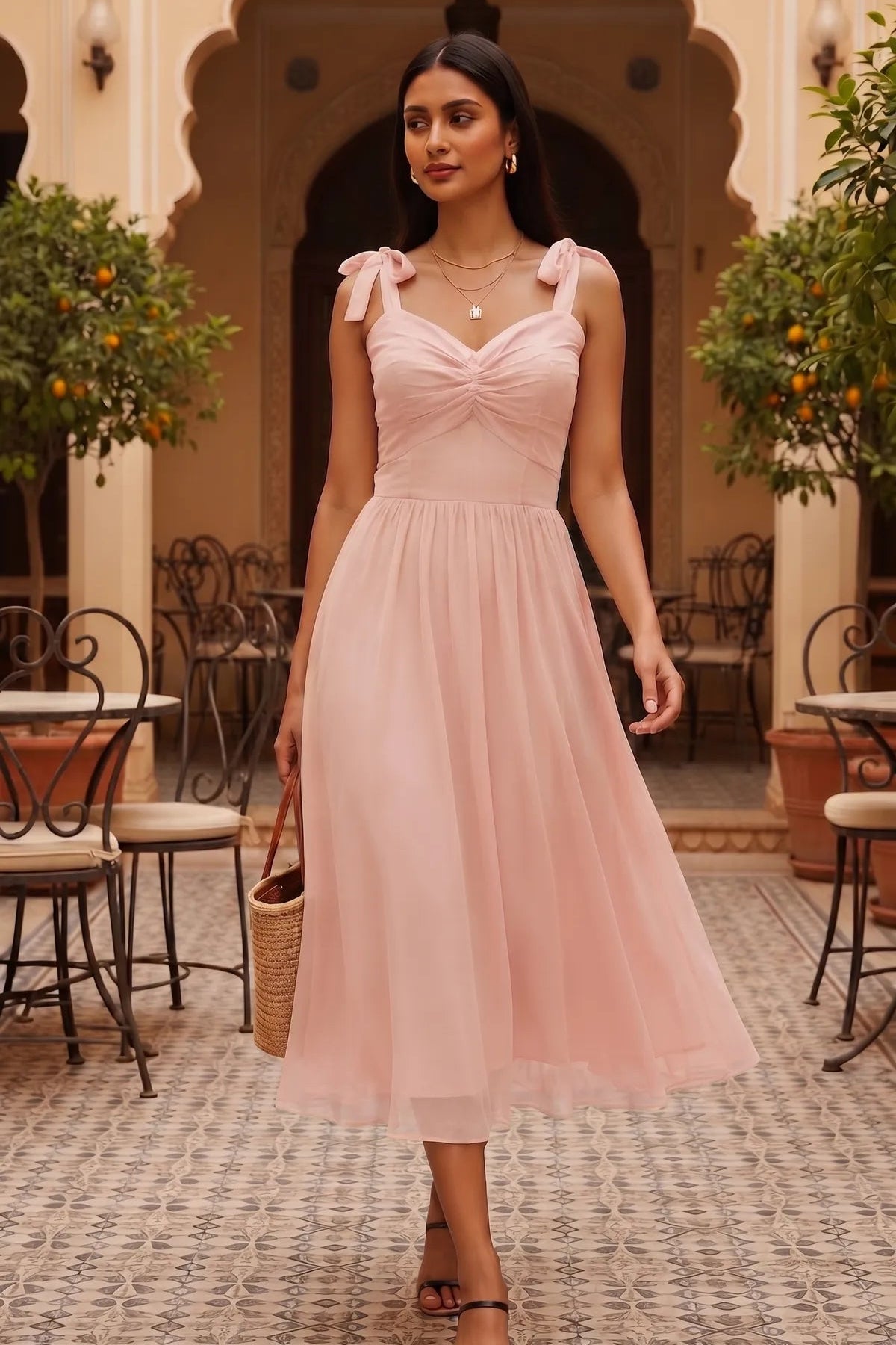 Blush Pink Tie shoulder midi dress