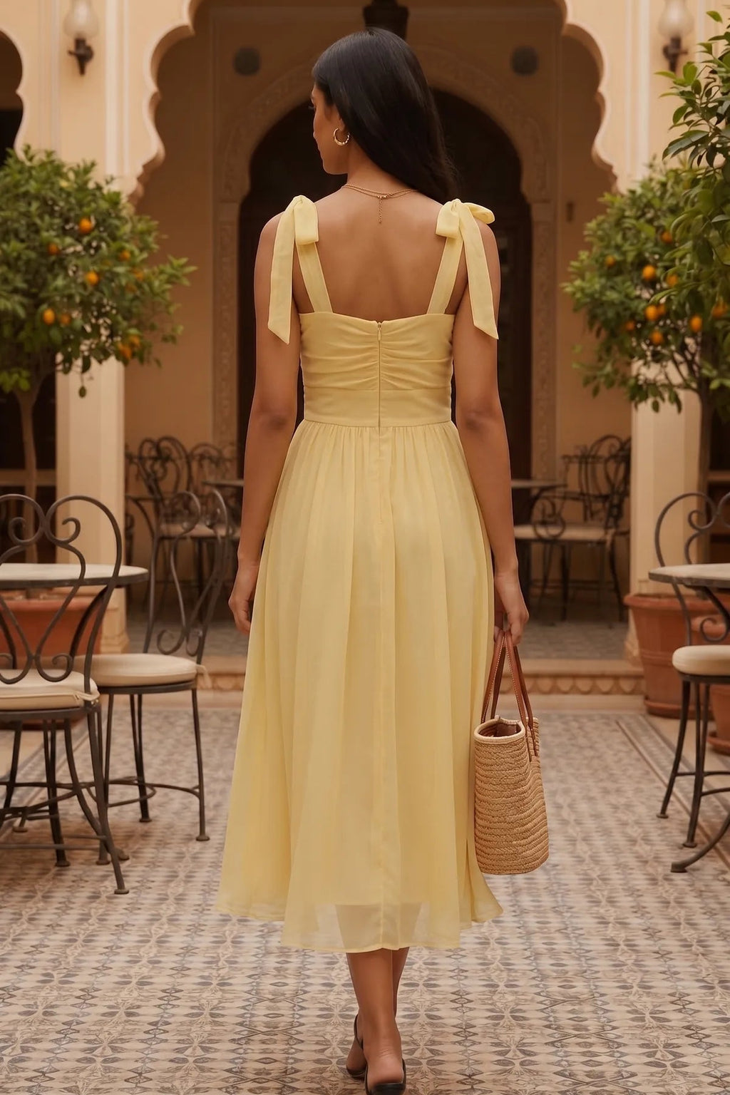 Butter Yellow ruched midi dress