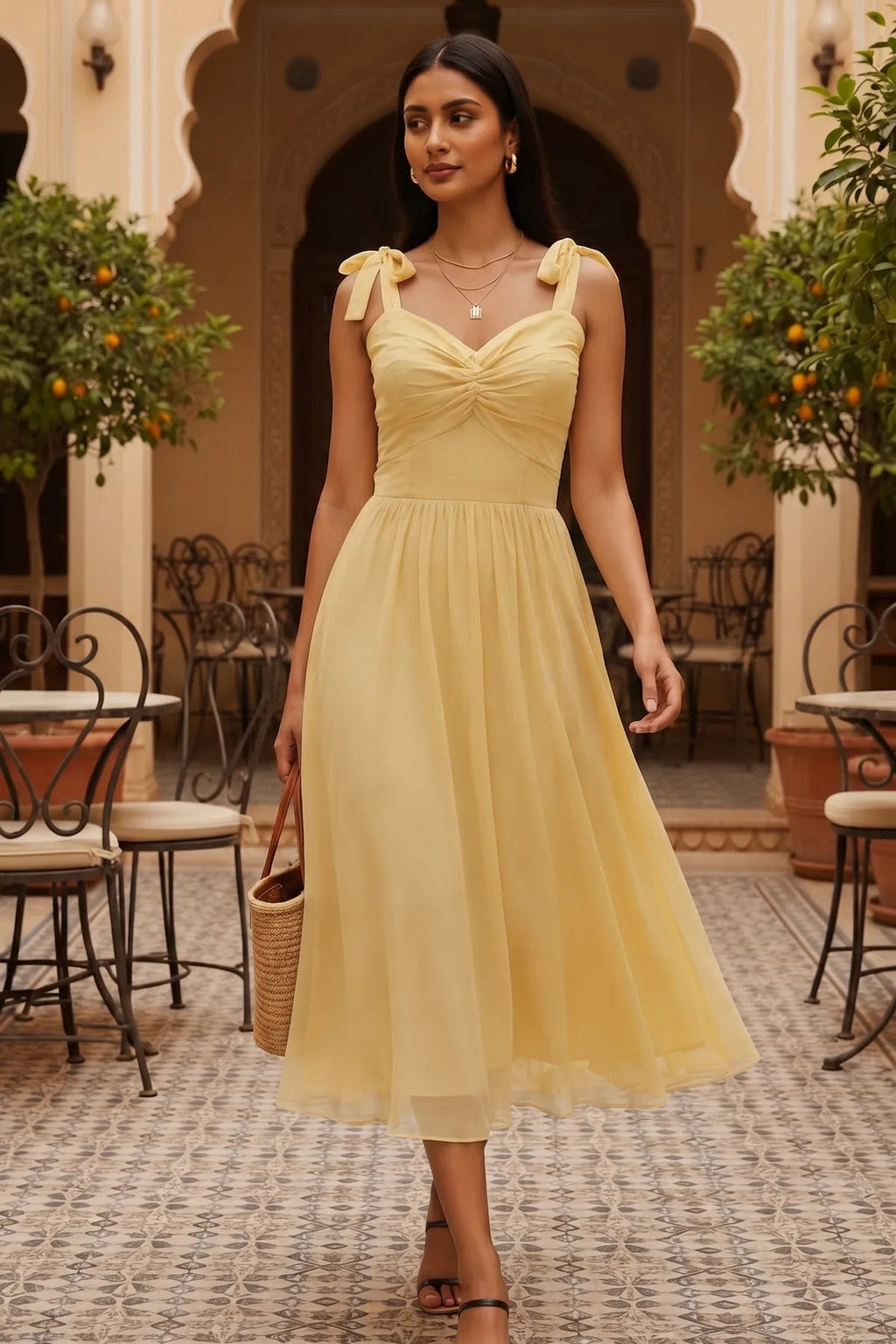 Butter Yellow ruched midi dress
