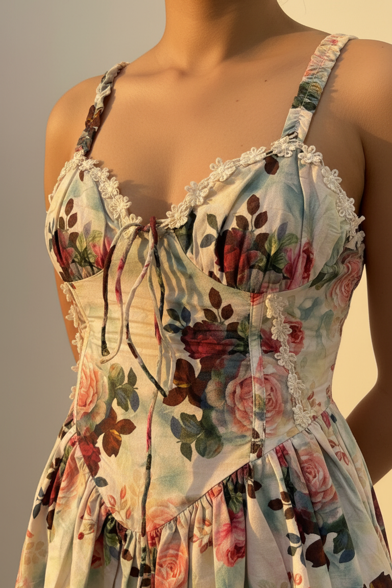 Floral dress with intricate details on a neutral background