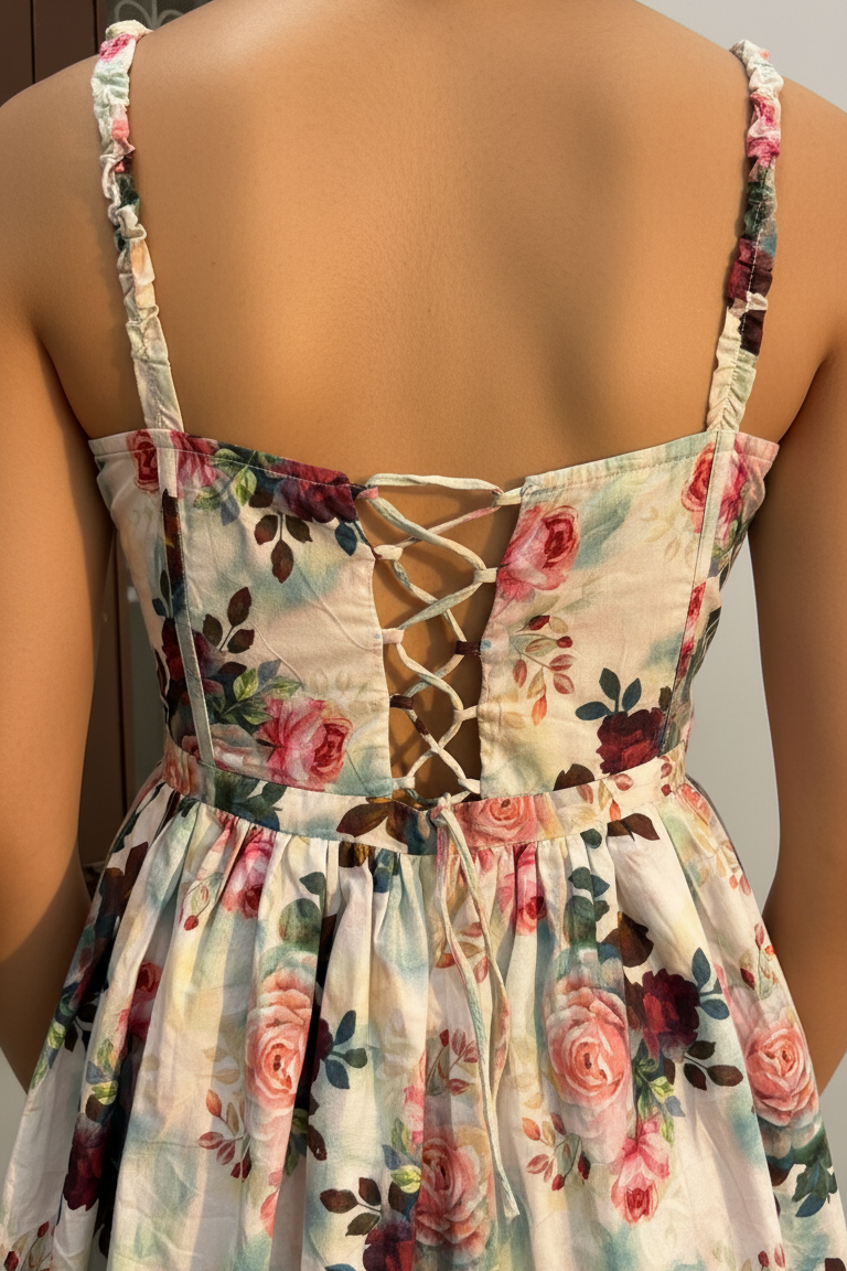 Floral dress with criss-cross back design on a plain background