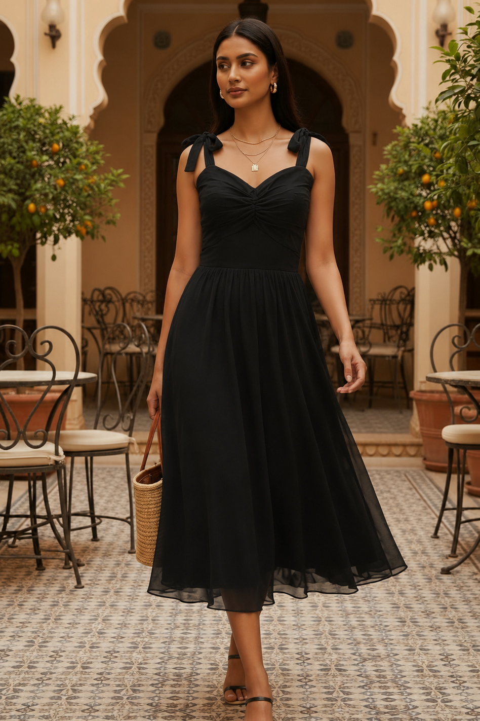 Noir ruched tie shoulder midi dress