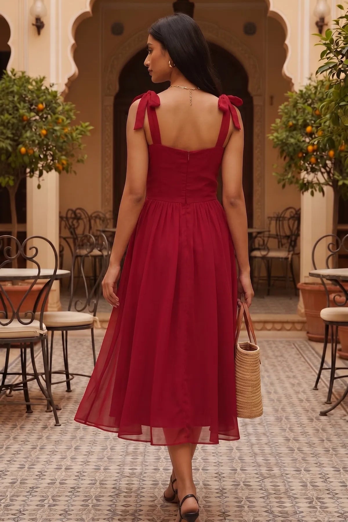 Crimson Ruched tie shoulder midi dress