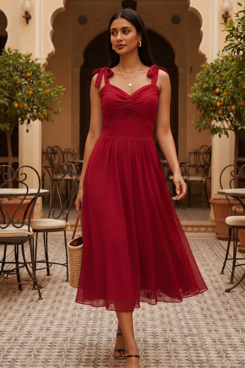 Crimson Ruched tie shoulder midi dress
