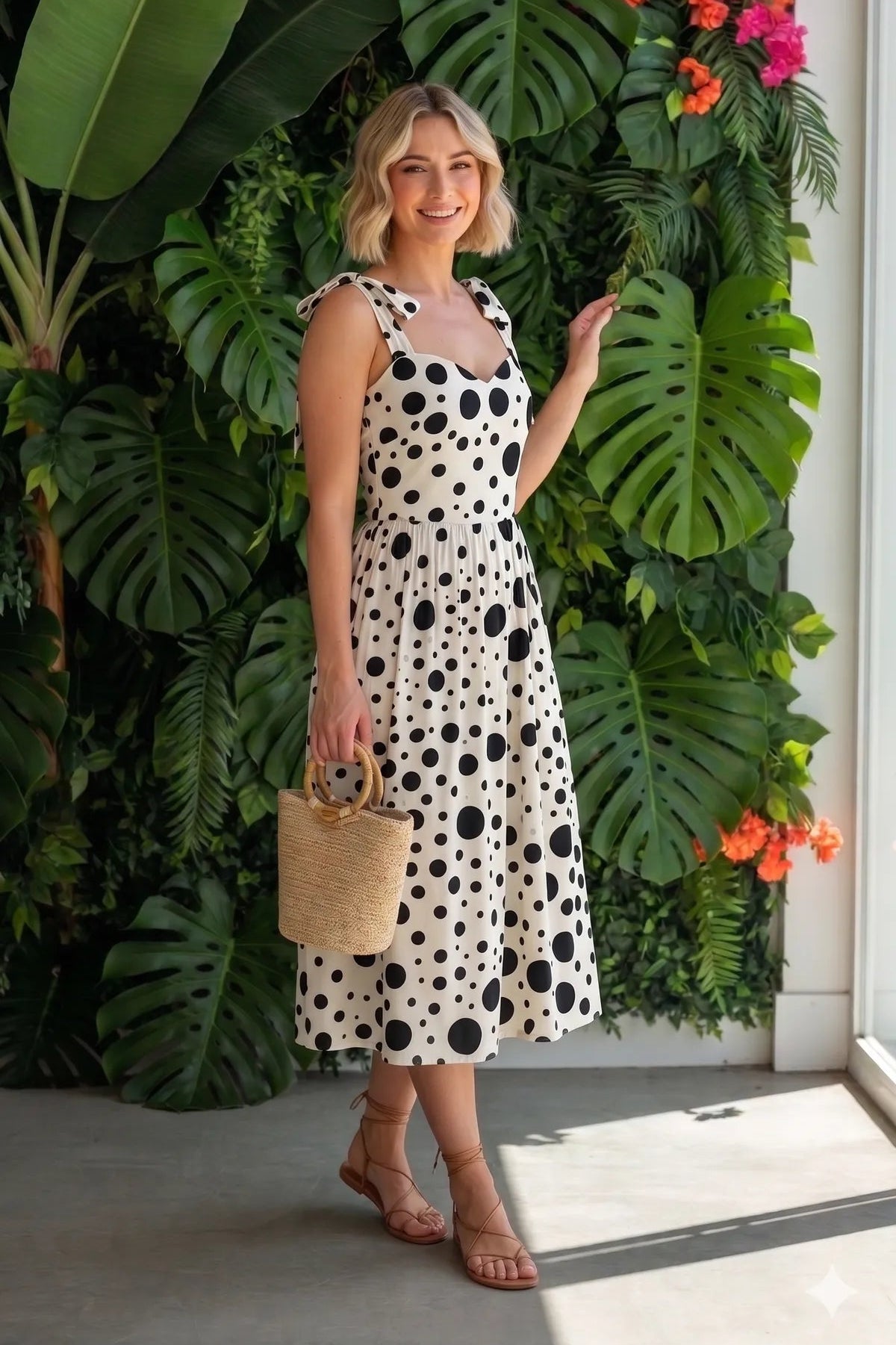 Polka Dot tie shoulder midi dress