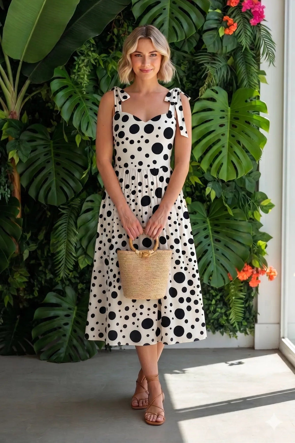 Polka Dot tie shoulder midi dress
