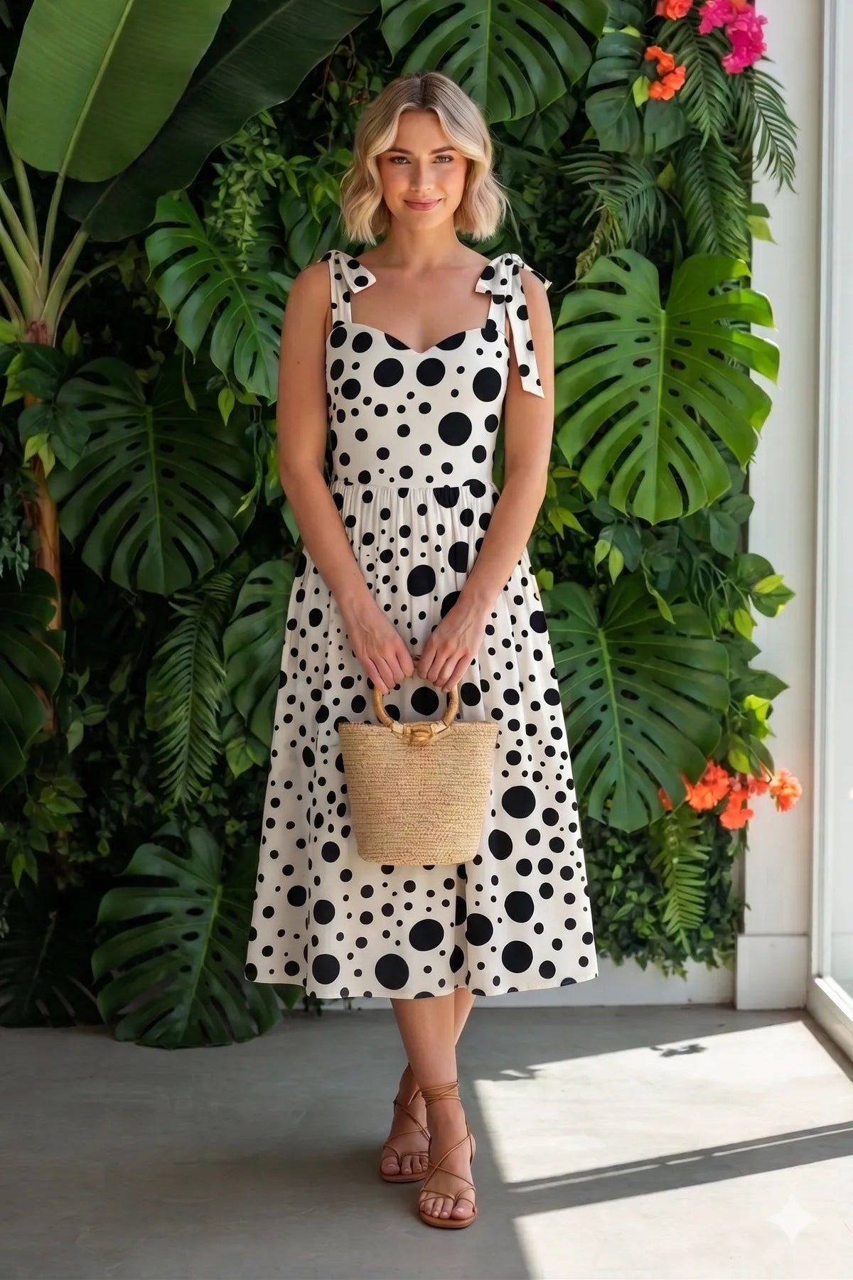 Polka Dot tie shoulder midi dress