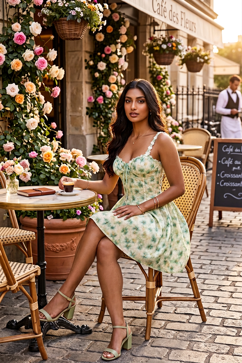 Woman in a floral dress sitting at a cafe with flowers and a sign in the background