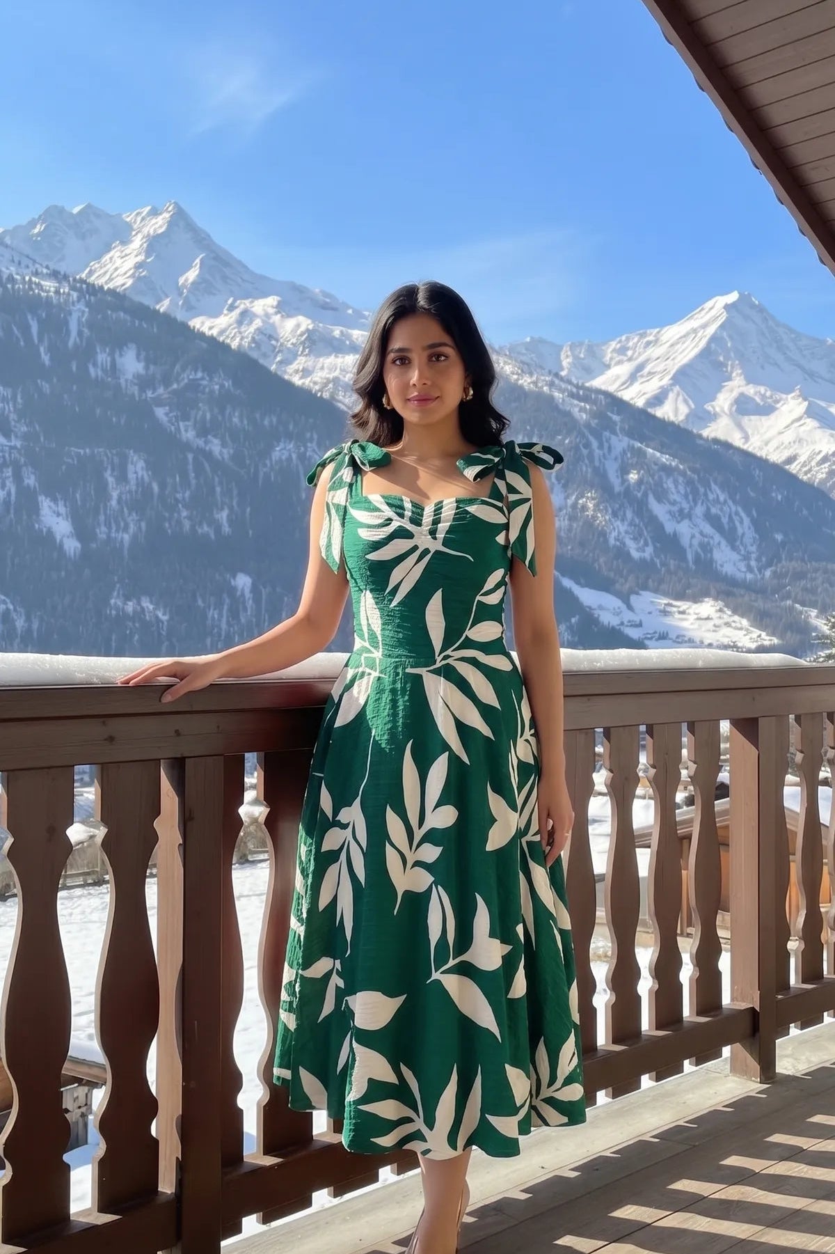 Green Forest Tie shoulder midi dress