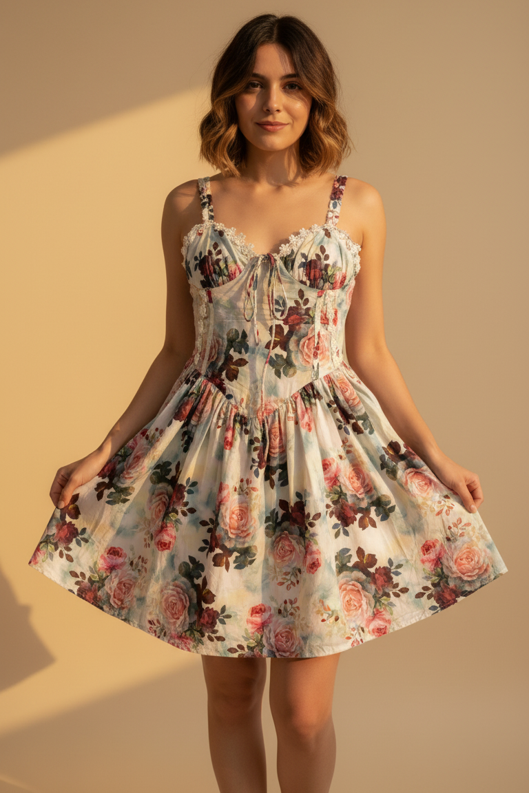 Woman wearing a floral dress against a beige background