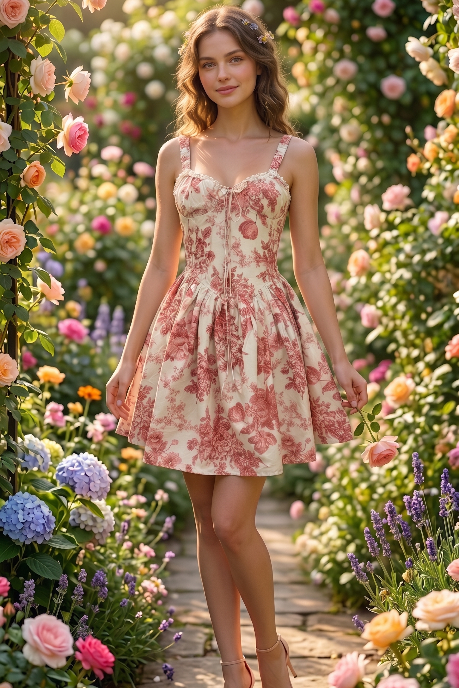 Woman in a floral dress standing in a garden with colorful flowers