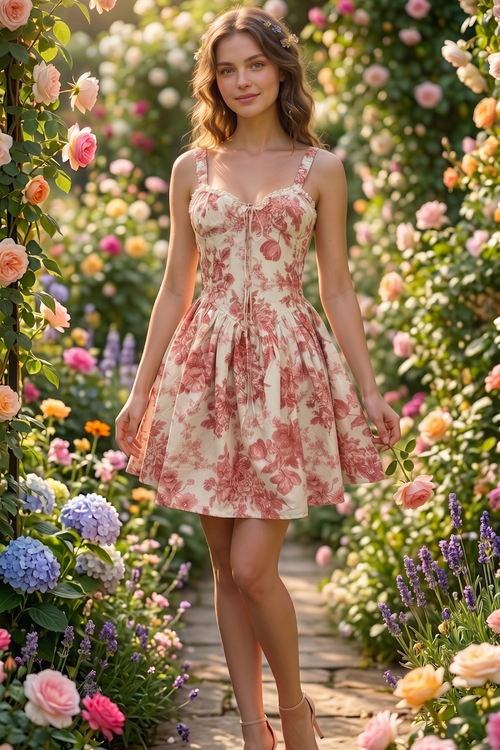 Woman in a floral dress standing in a garden with colorful flowers