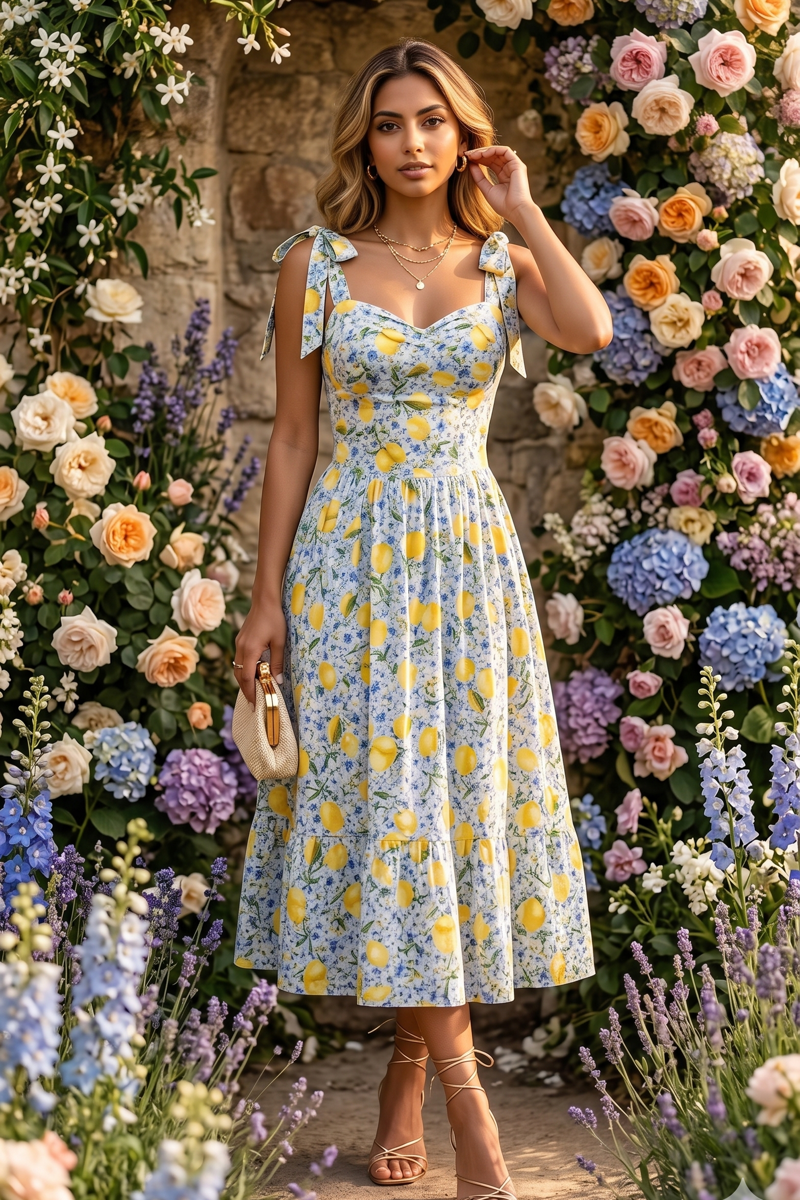 Woman in a floral dress standing in front of a flower wall