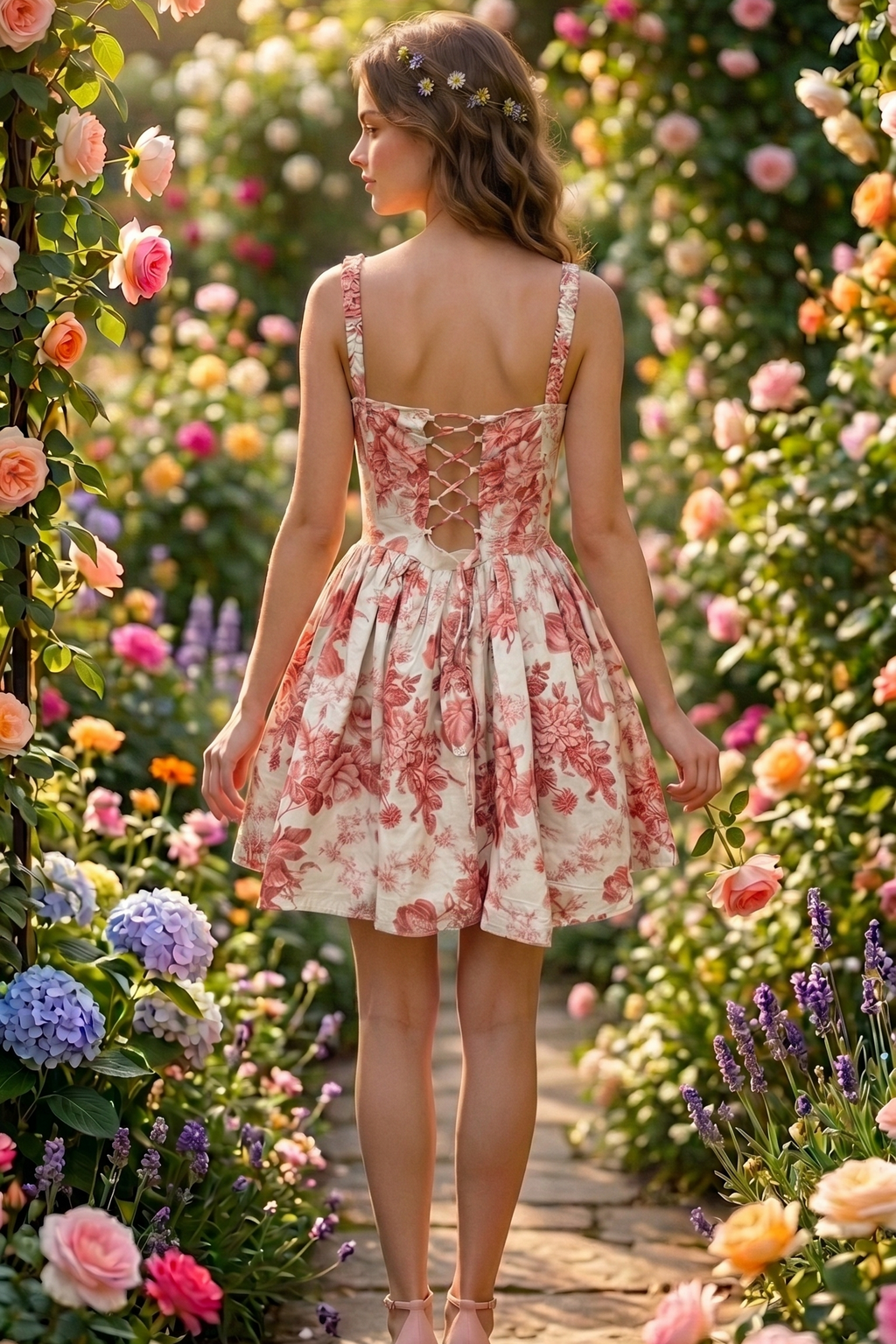Woman in a floral dress standing in a garden filled with flowers