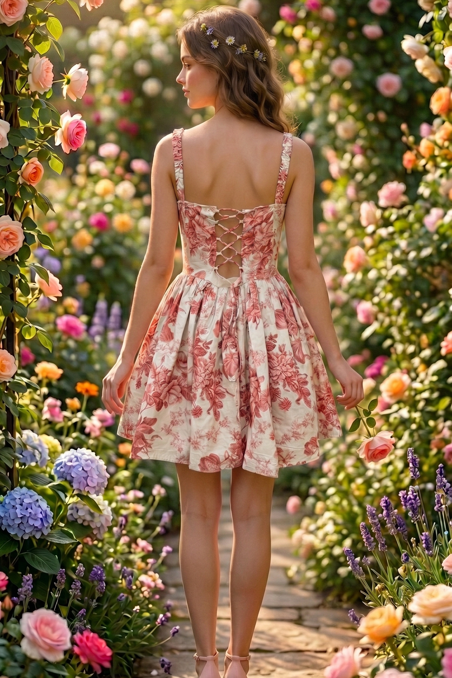 Woman in a floral dress standing in a garden filled with flowers
