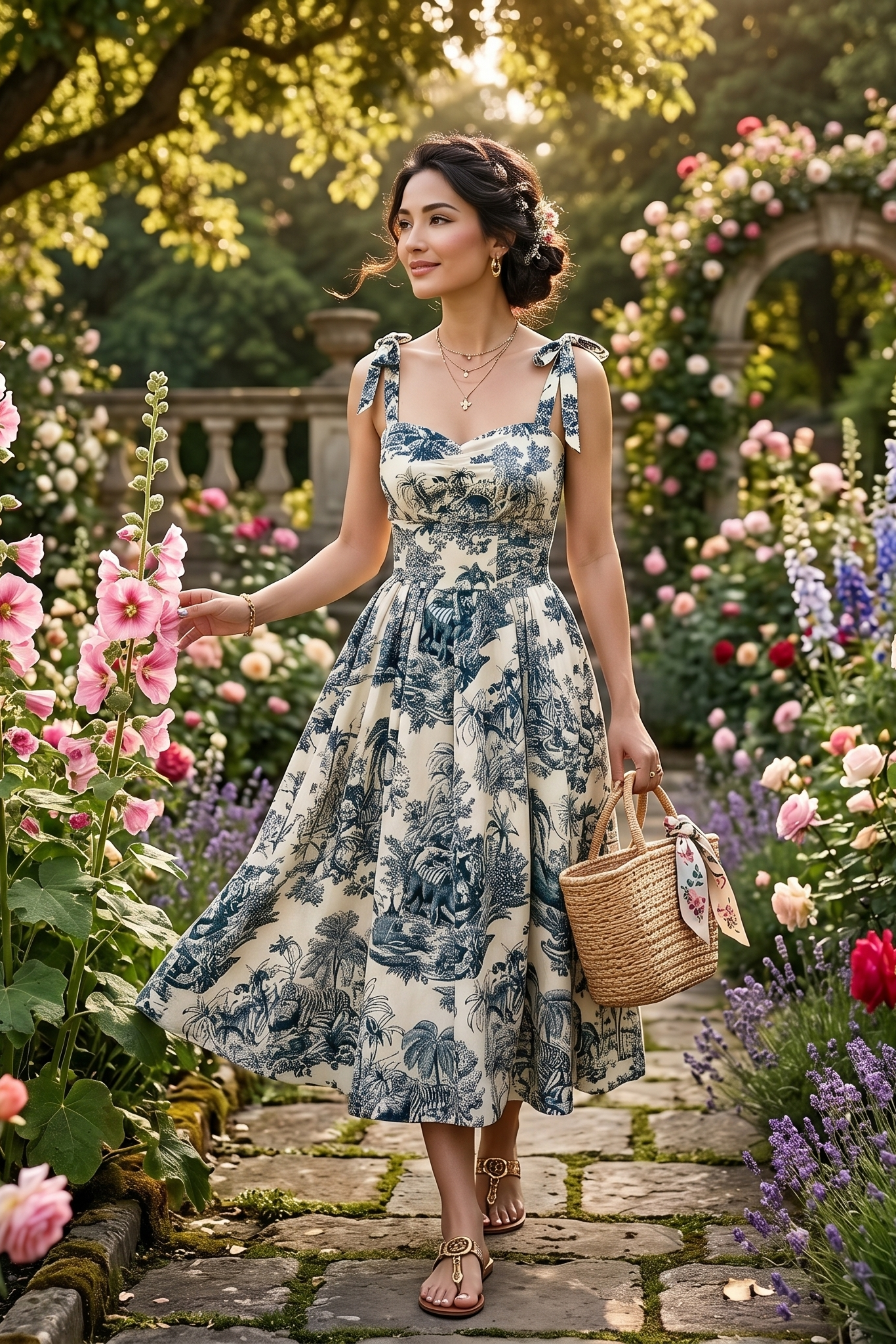 Woman in a floral dress standing in a garden filled with flowers