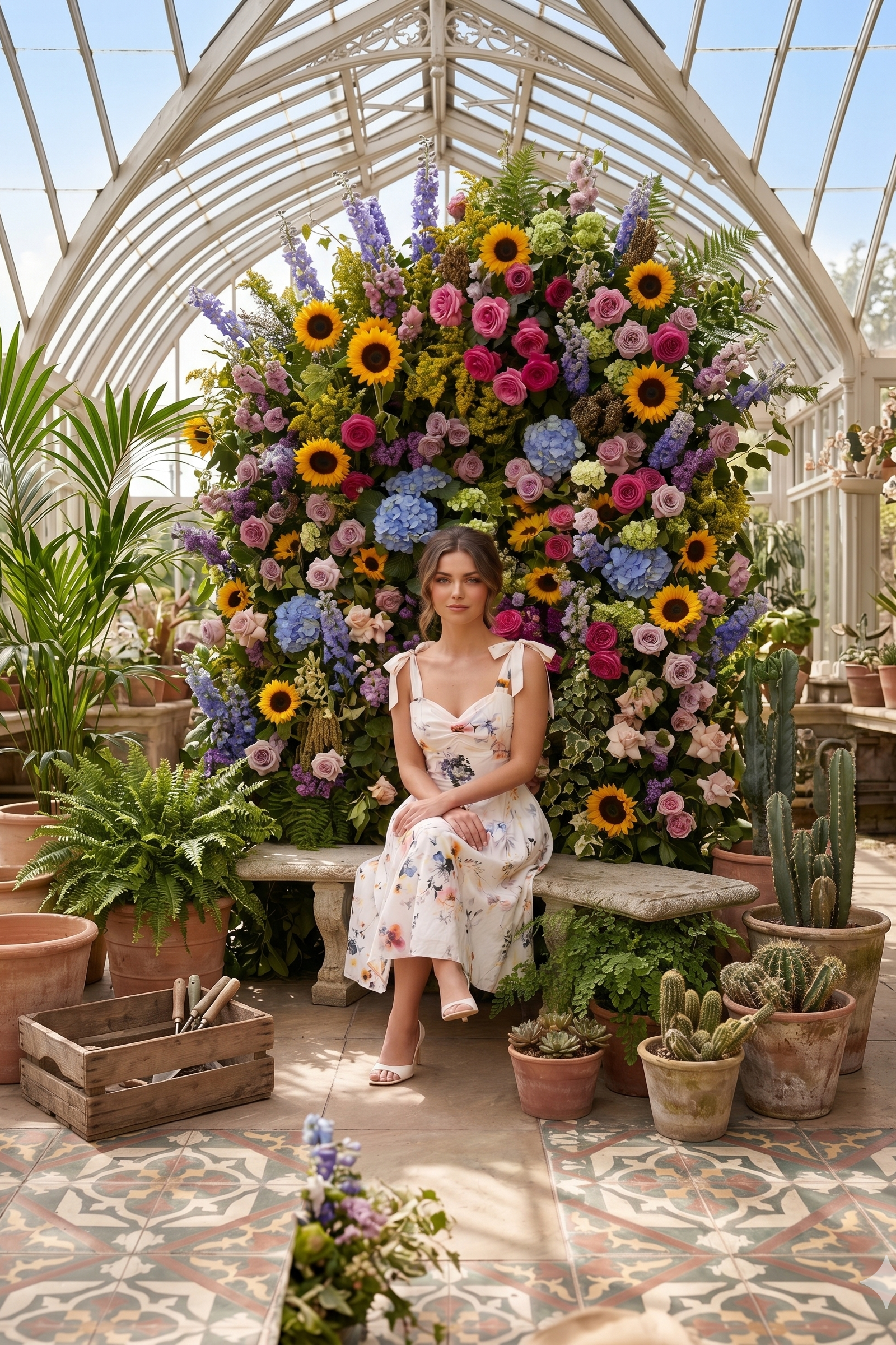 Woman sitting in front of a large floral arrangement in a greenhouse.
