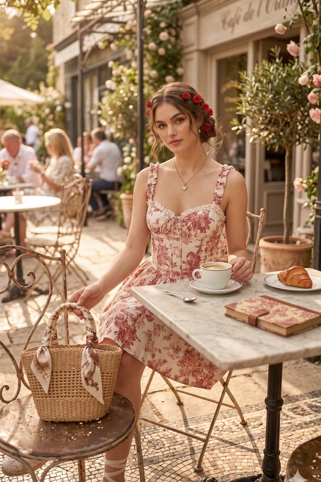 Woman in a floral dress sitting at an outdoor cafe table with a cup of coffee and bread.
