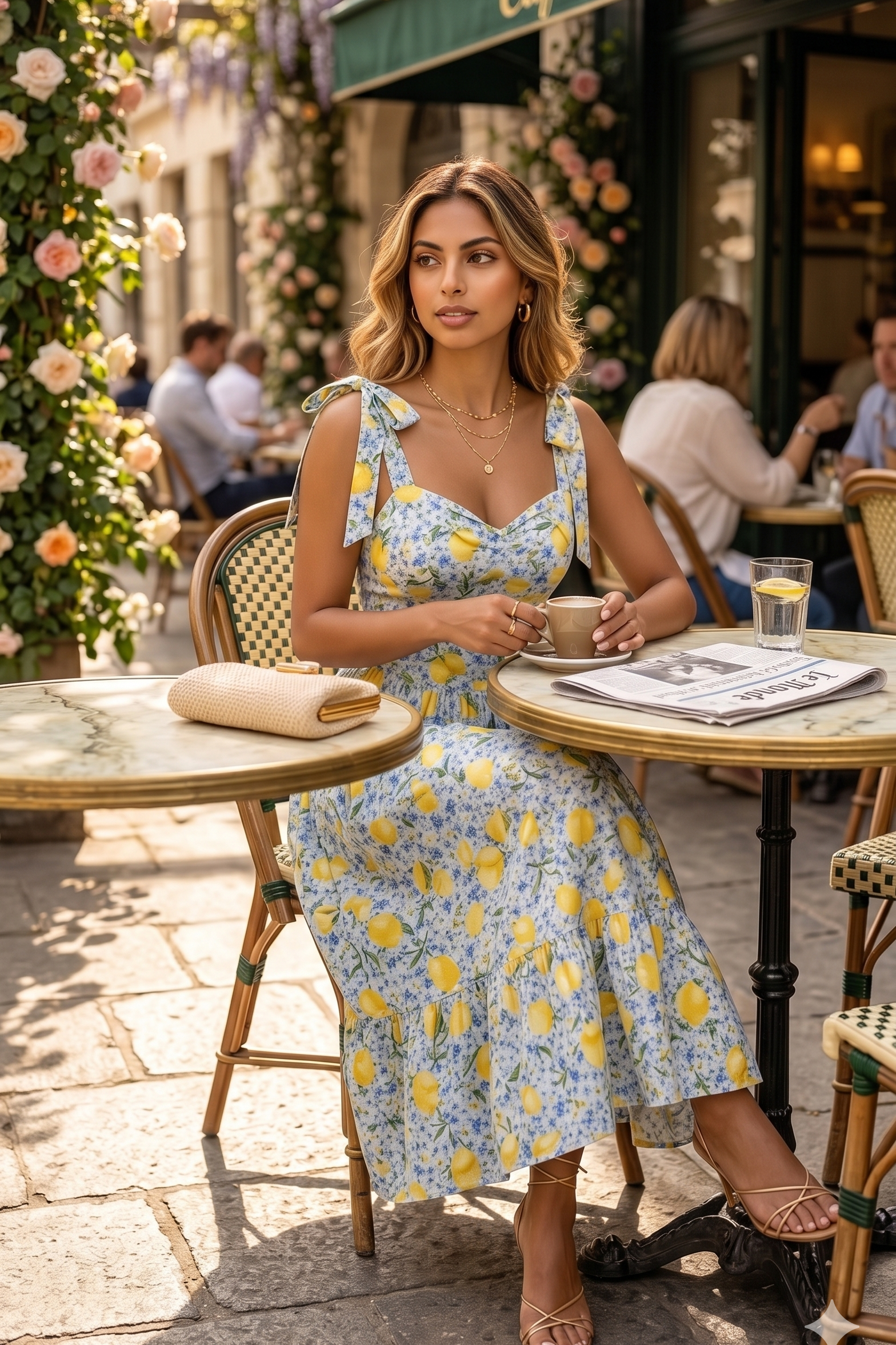 Woman in a floral dress sitting at a cafe table with 'Cafe du Soleil' sign in the background.