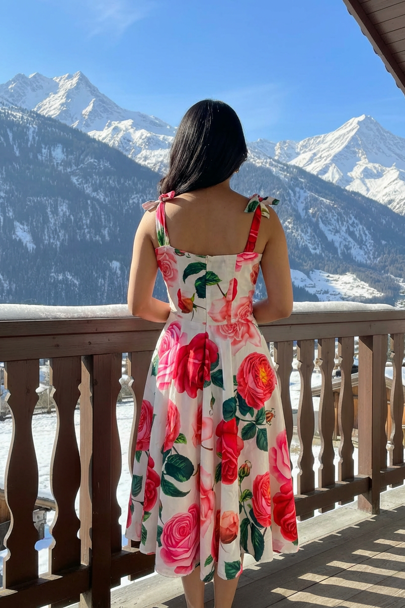 Woman in a floral dress standing on a balcony with snow-capped mountains in the background