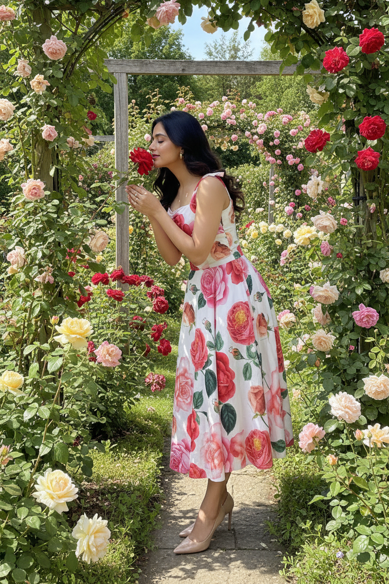 Woman in a floral dress standing under a floral archway in a garden.