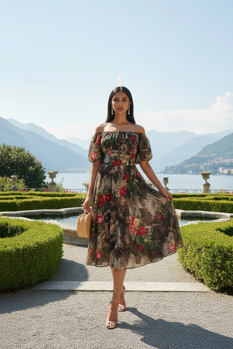 Woman in a floral dress standing in a garden with mountains in the background