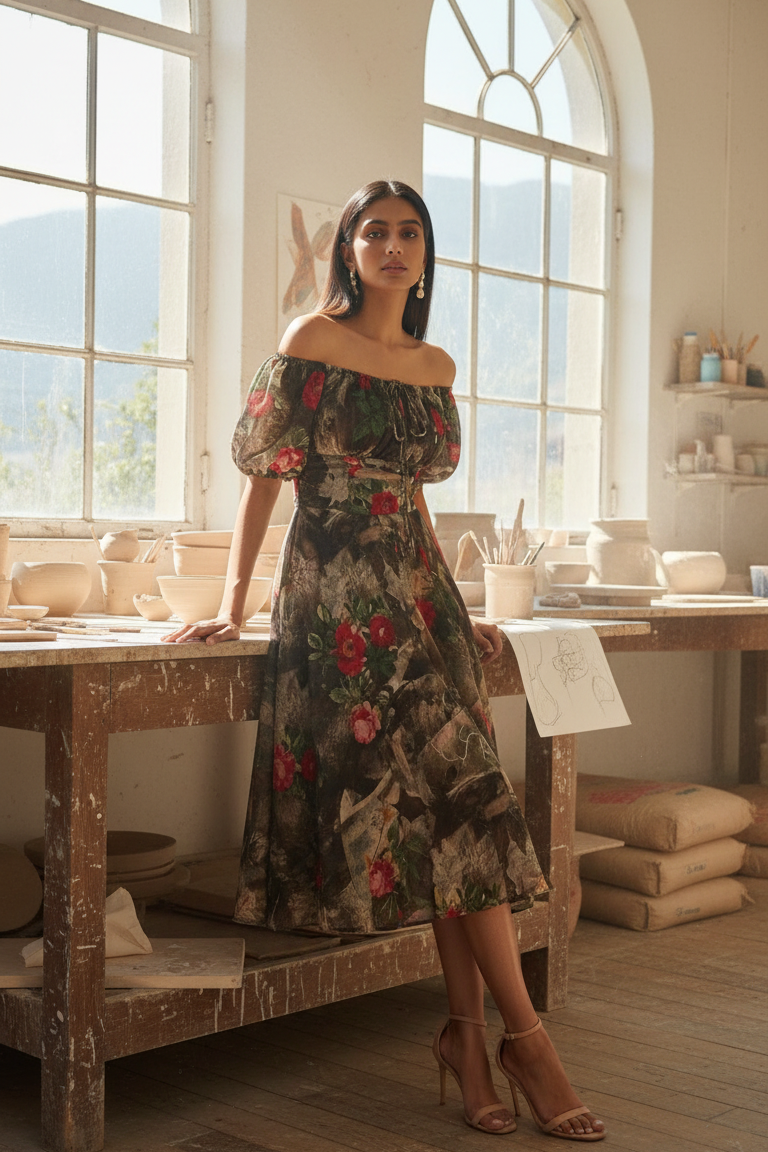 Woman in a floral dress standing in a room with large windows and wooden furniture.