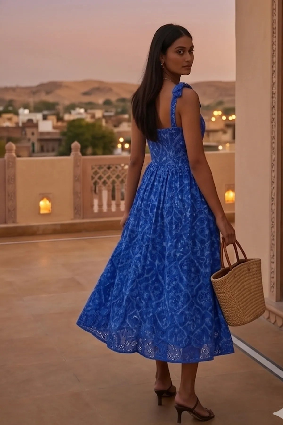 Royal Shibori Eyelet Ruched Midi Dress