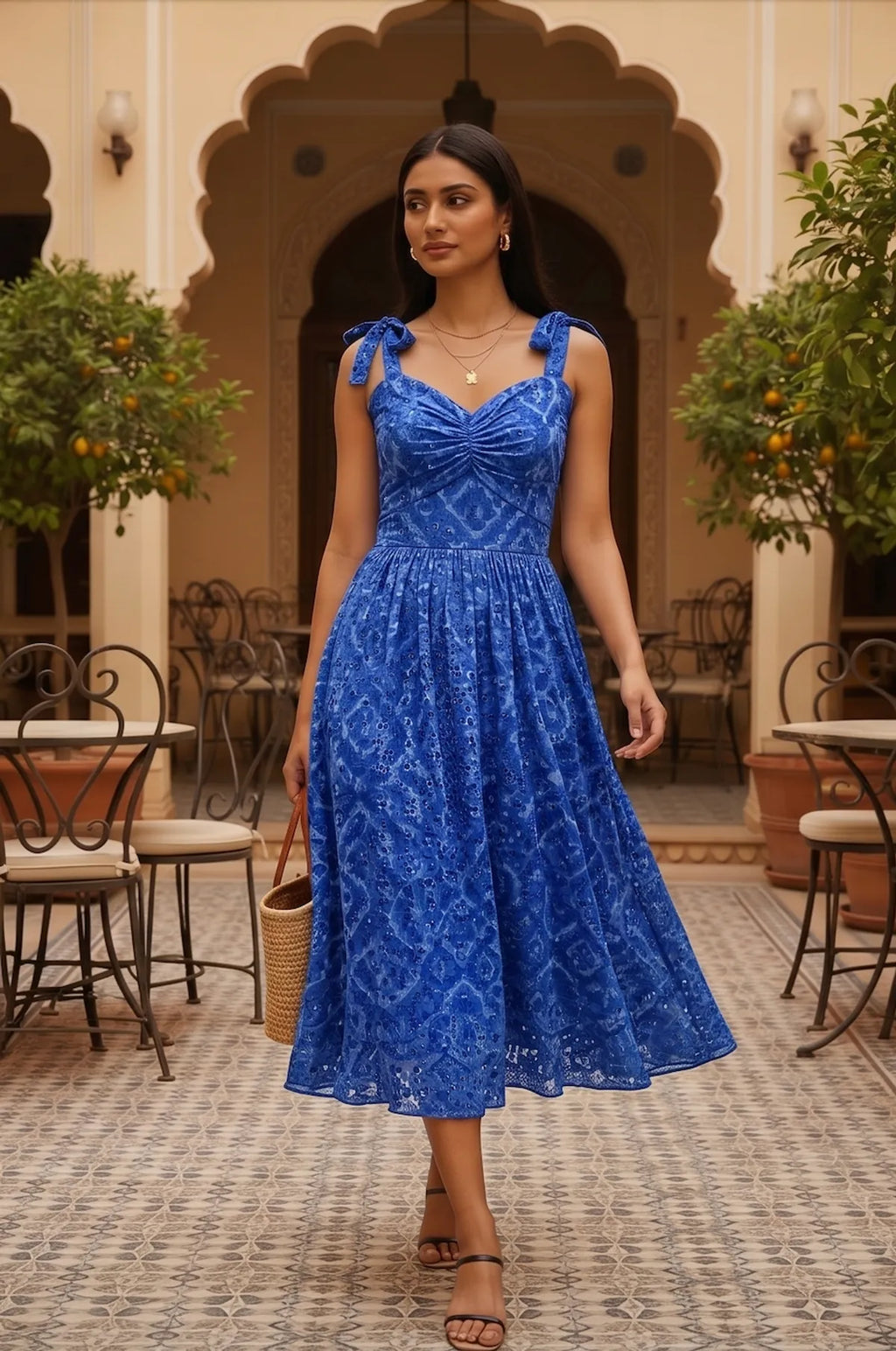 Royal Shibori Eyelet Ruched Midi Dress