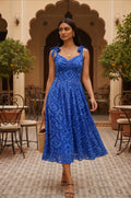 Royal Shibori Eyelet Ruched Midi Dress
