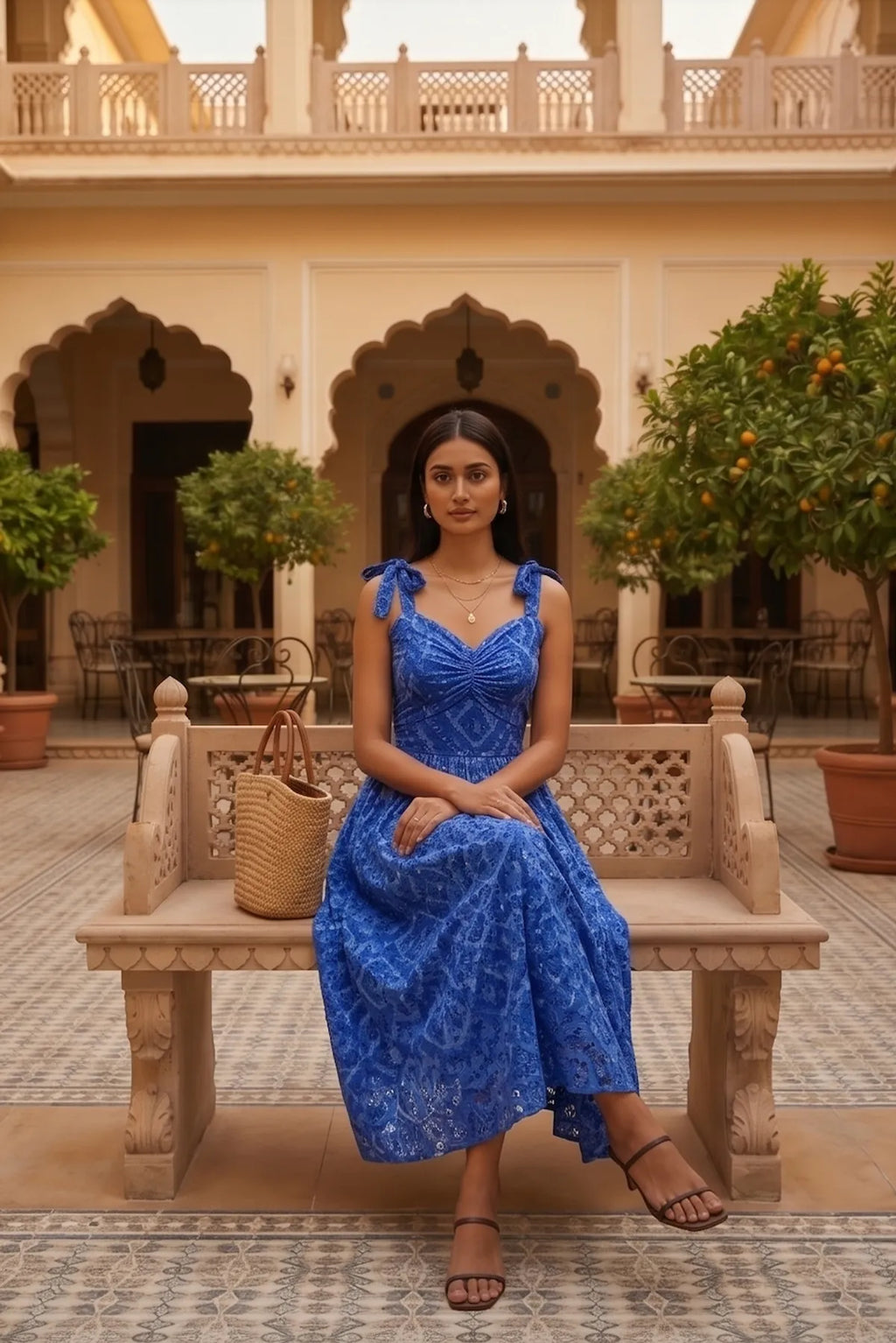 Royal Shibori Eyelet Ruched Midi Dress