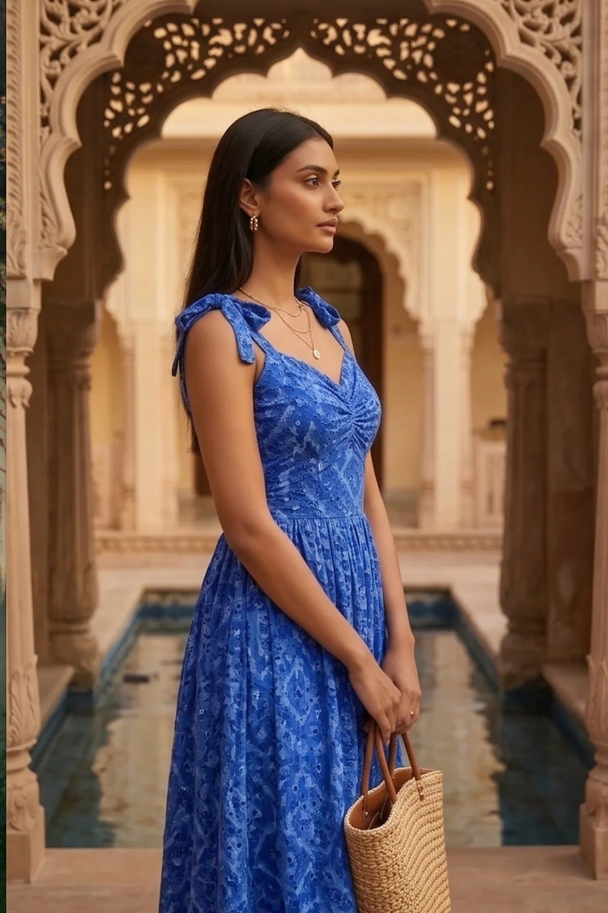 Royal Shibori Eyelet Ruched Midi Dress