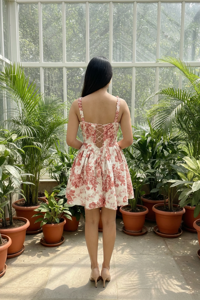 Woman in a floral dress standing in a greenhouse filled with potted plants