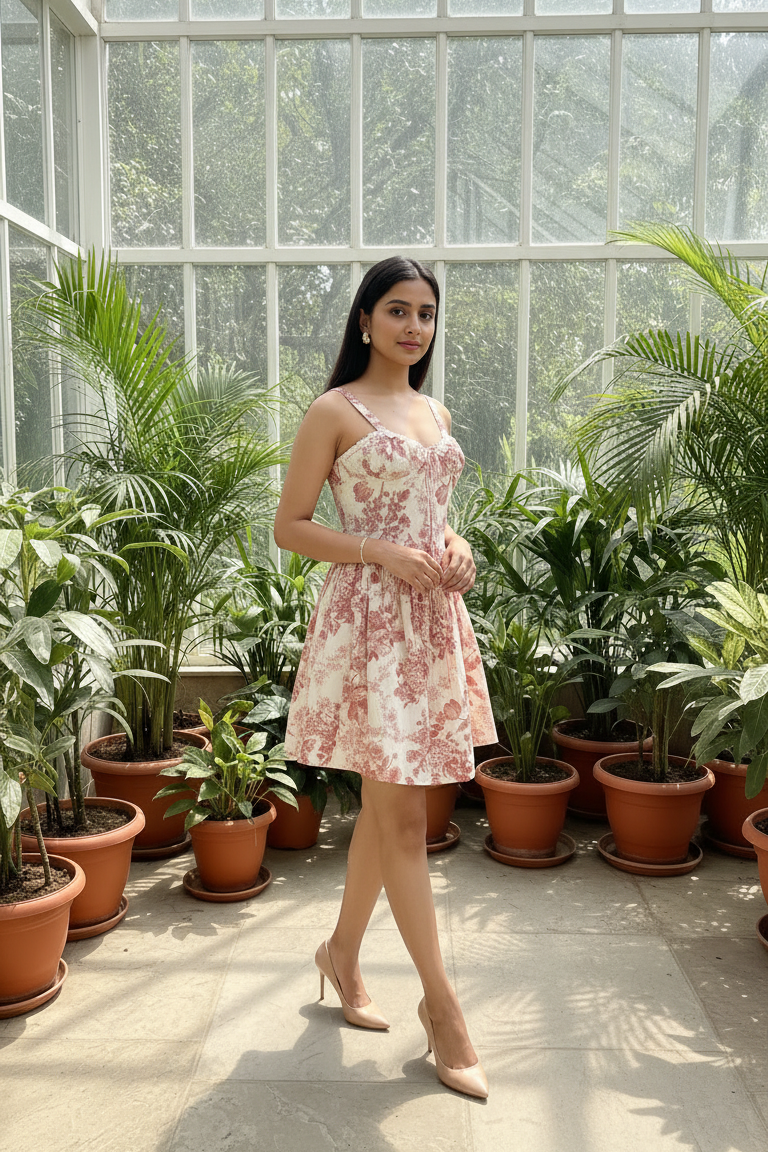 Woman in a floral dress standing in a greenhouse filled with plants
