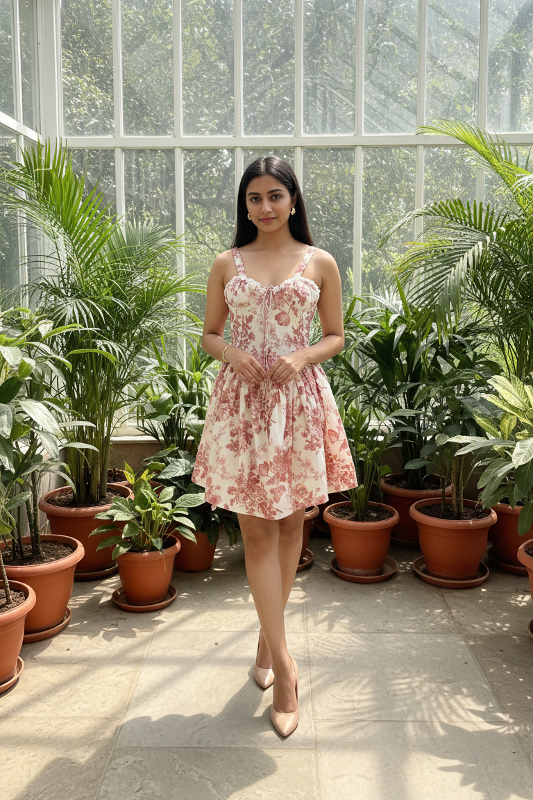 Woman in a floral dress standing in a greenhouse filled with plants.