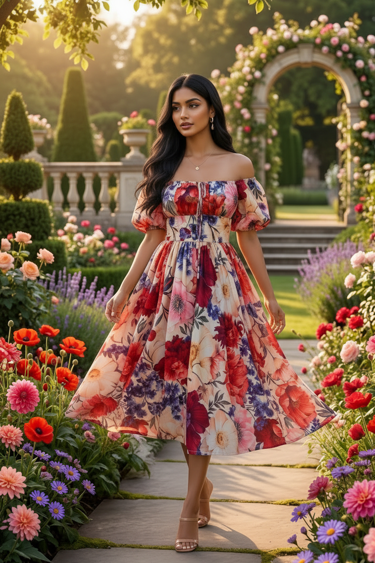 Woman in a floral dress standing in a garden with flowers and a stone archway.