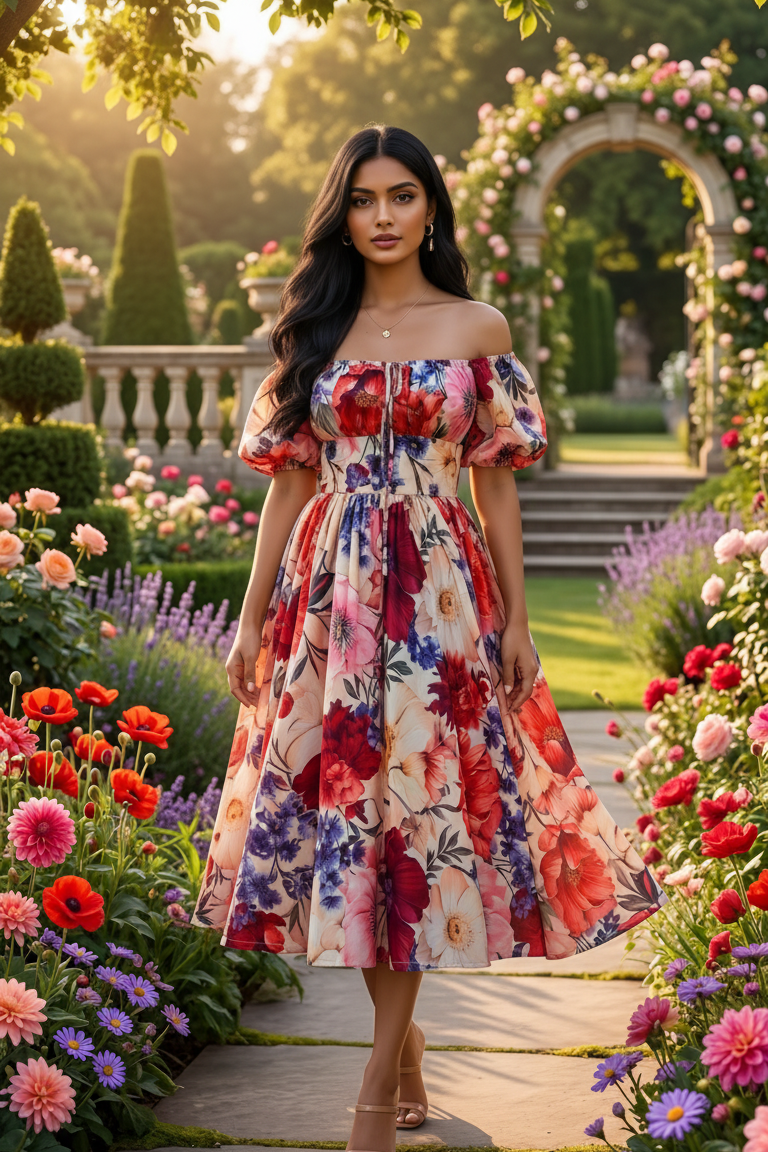 Woman in a floral dress standing in a garden with colorful flowers and a stone archway.